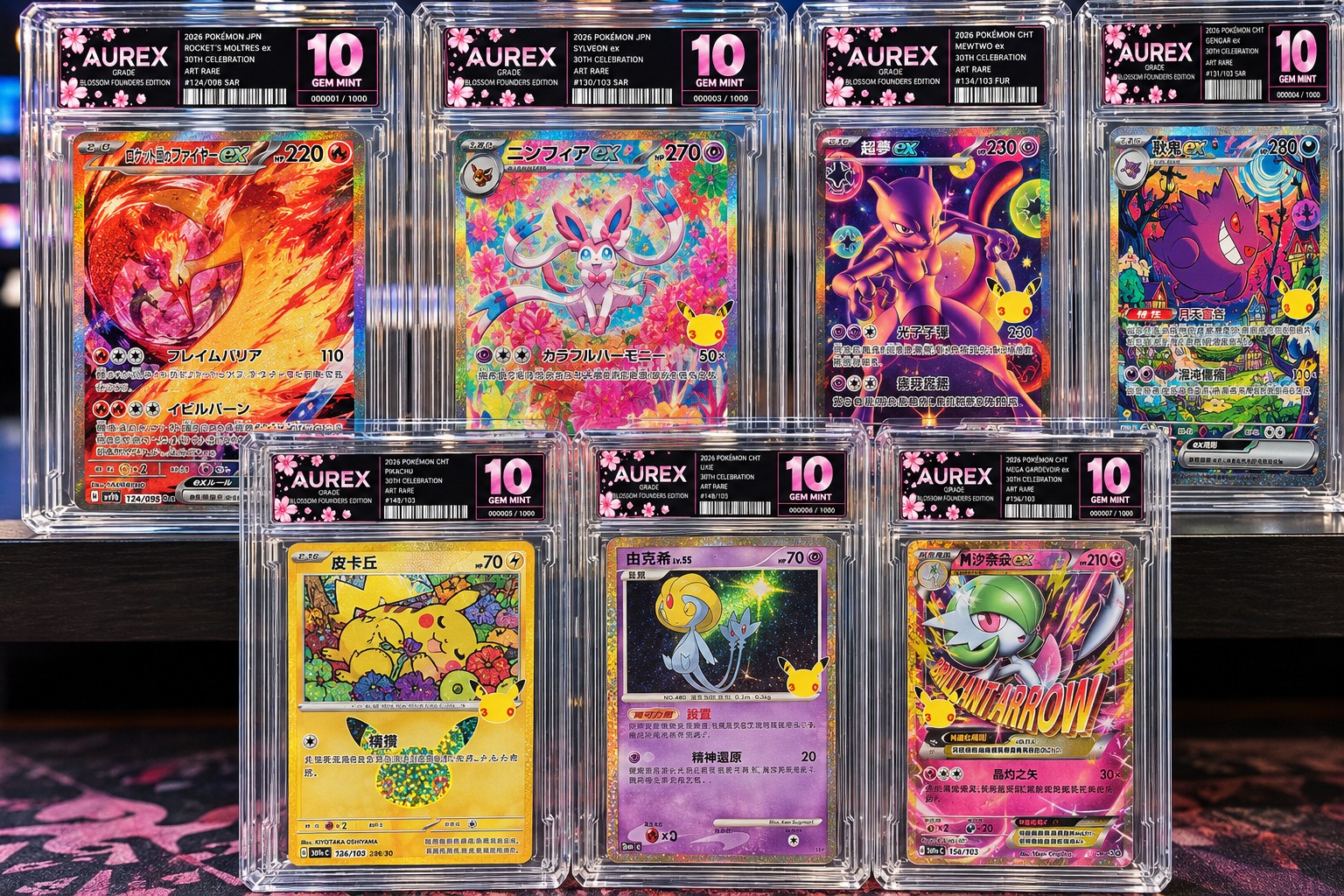 Seven real Pokémon cards graded and encapsulated by AXG